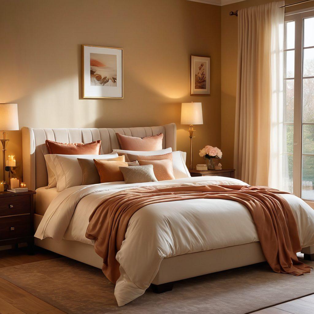 A playful, artistic representation of a cozy, ambient bedroom setting featuring soft, warm lighting, elegant decor, and sensual items like candles, silk sheets, and artful accessories. The scene should evoke feelings of comfort and intimacy, with subtle hints of joy and exploration in adult themes, while maintaining a tasteful aesthetic. Curved lines and soft textures will enhance the relaxing atmosphere. elegant illustration. warm tones. artistic composition.