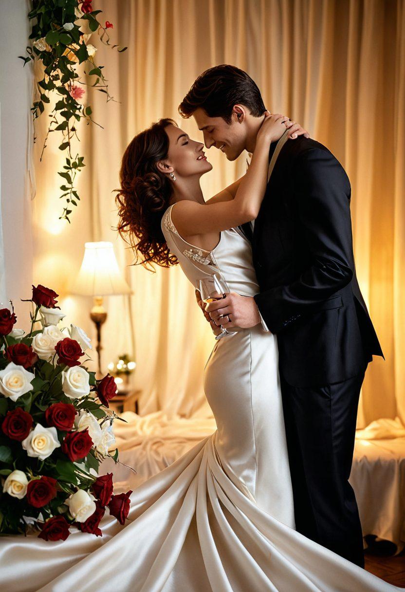 A romantic scene featuring a couple in an elegant, softly lit setting, surrounded by delicate flowers and playful shadows. Their expressions convey joy and intimacy, hinting at shared secrets and laughter. Include elements like a glass of wine and silk fabric flowing around them to evoke a sense of pleasure and allure. The atmosphere should feel warm and inviting, capturing the essence of seduction and fun. super-realistic. warm tones. soft focus.